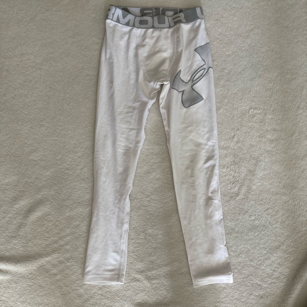 Under Armour Boys White Leggings with Gray Logo M